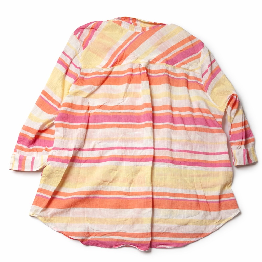 CJ Banks Striped Button Down Blouse 1X | Pink Orange Yellow Lightweight Top - Picture 2 of 7